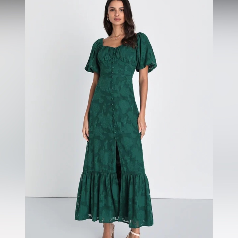 NWOT Lulus Everlasting Charm Emerald Green Floral Jacquard Midi Dress